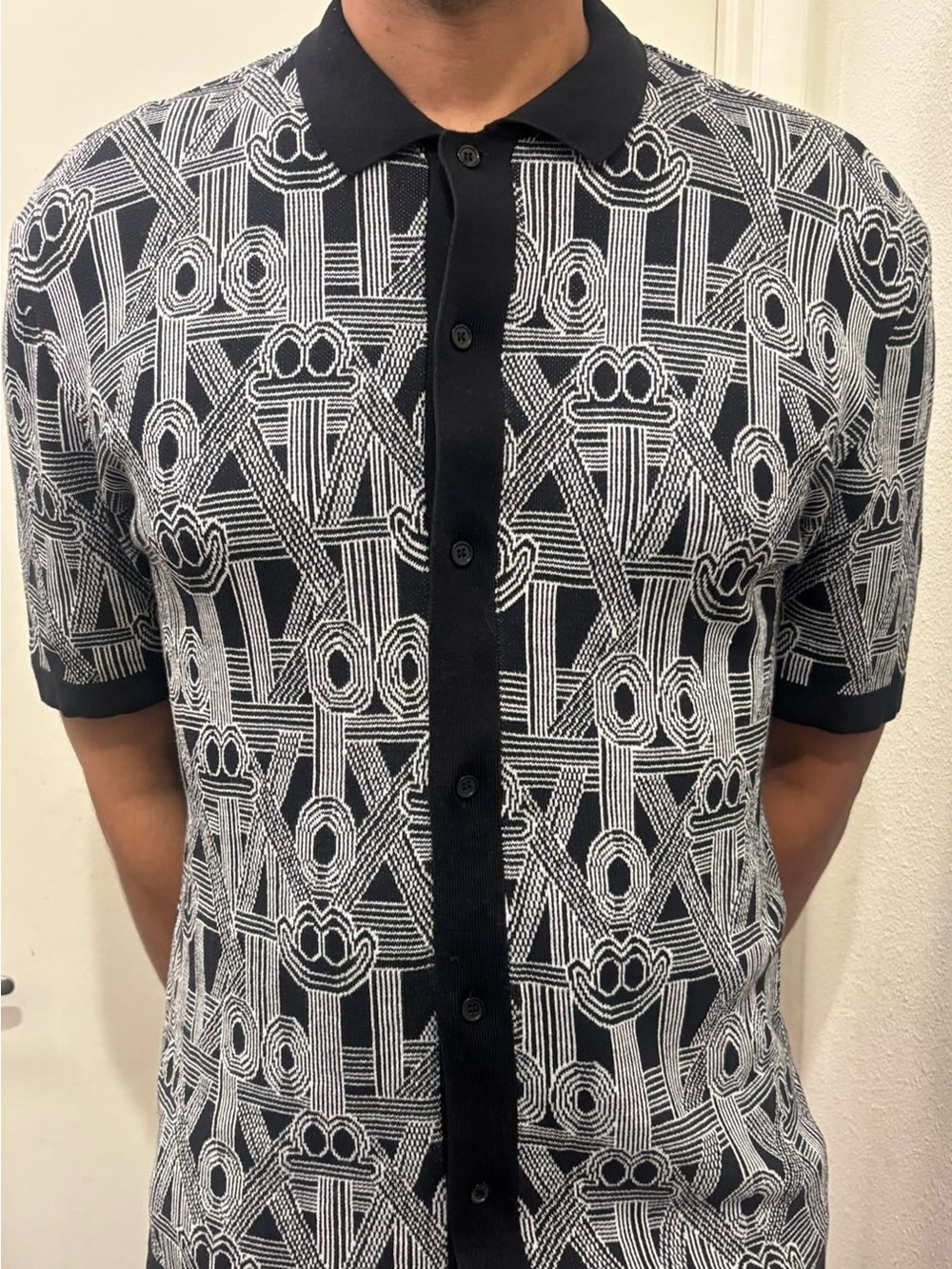 Zara Black & White Geometric Knit Polo Shirt